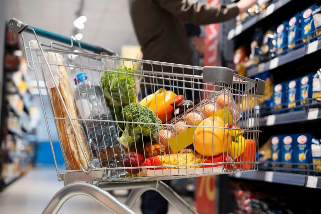 carrinho de compras, pessoa fazendo compra de cesta básica em um corredor de mercado