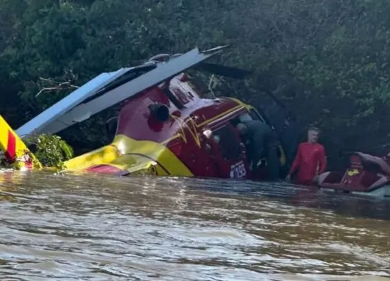 Helicóptero dos bombeiros faz pouso forçado no Rio Araguaia, em Goiás. (Foto: Divulgação/Corpo de Bombeiros)