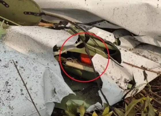 Foto mostra caixa-preta de avião em meio a destroços de avião que caiu em MT, circulada em vermelho.