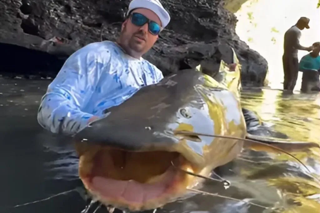 Imagem mostra turista com o peixe jaú na Caverna do Jaú.