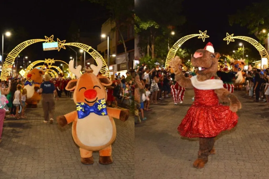 Renas e a capivara natalina particiam da Parada Natalina, em Campo Grande (Foto: Divulgação)